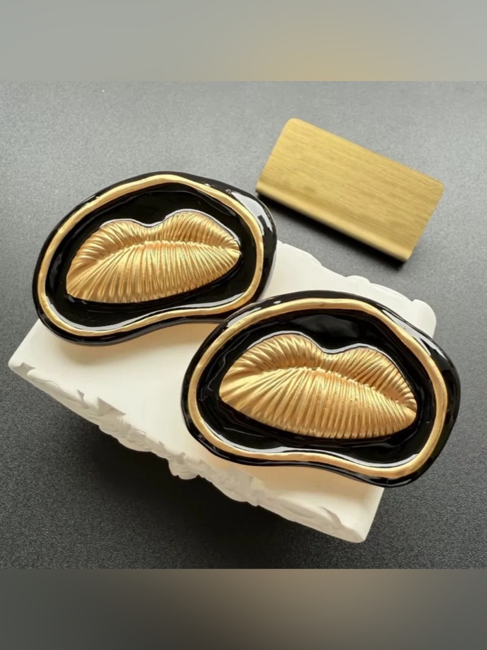 Schiaparelli Inspired Gold & Black Lip Motif Statement Earrings